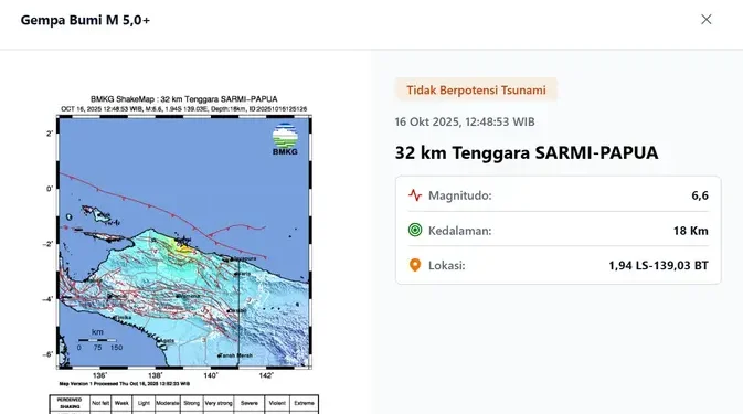 Gempa Hari Ini Kamis 16 Oktober 2025 Dua Kali Guncang Indonesia